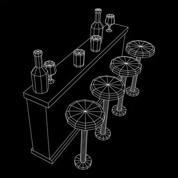 Bar counter with stools. Wireframe illustration. Stock Illustration