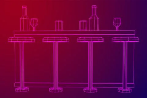 Bar counter with stools. Wireframe illustration. Stock Illustration