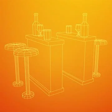 Bar counter with stools. Wireframe illustration. Stock Illustration