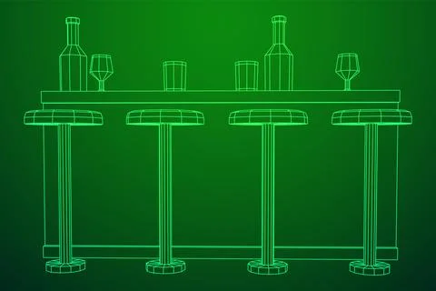 Bar counter with stools. Wireframe illustration. Stock Illustration