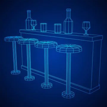Bar counter with stools. Wireframe illustration. Stock Illustration