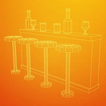 Bar counter with stools. Wireframe illustration. Stock Illustration