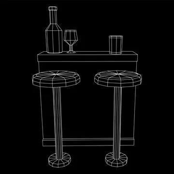 Bar counter with stools. Wireframe illustration. Stock Illustration