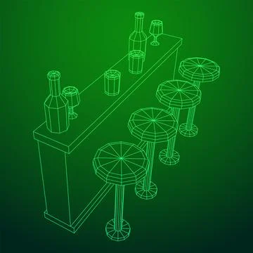 Bar counter with stools. Wireframe illustration. Stock Illustration