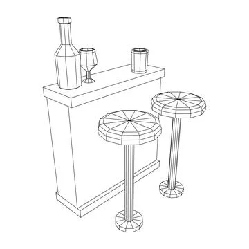 Bar counter with stools. Wireframe illustration. Stock Illustration
