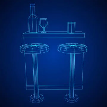 Bar counter with stools. Wireframe illustration. Illustrazione stock