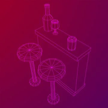 Bar counter with stools. Wireframe illustration. Stock Illustration
