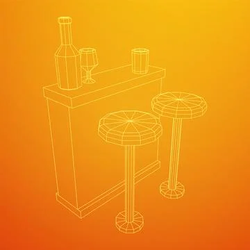 Bar counter with stools. Wireframe illustration. Stock Illustration