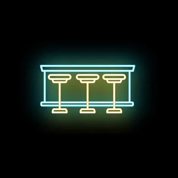 Bar counter with three stools neon glowing sign Illustrazione stock