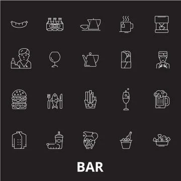 Bar editable line icons vector set on black background. Bar white outline Stock Illustration