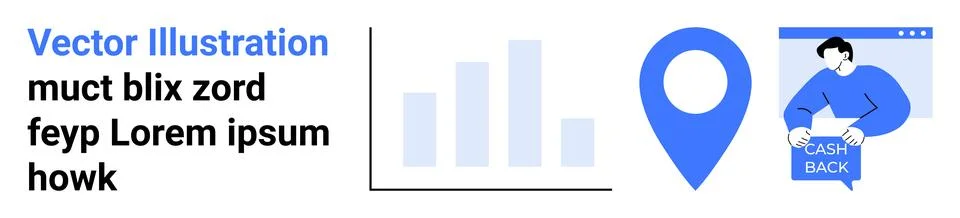 Bar graph analytics, location pin and person with cashback sign on screen. Id Stock Illustration