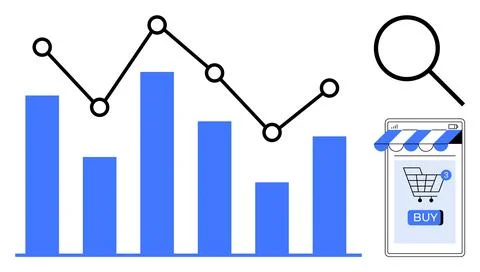 Bar graph and line chart display business data trends and analytics. Magnifyi Illustrazione stock