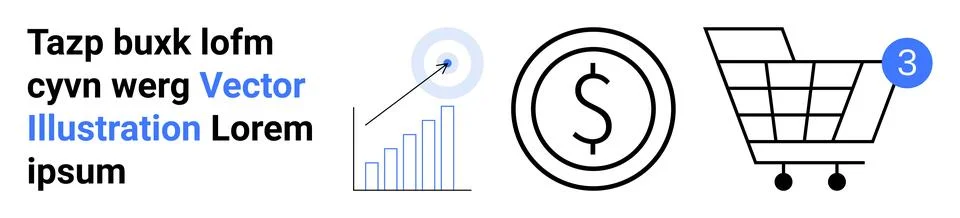 Bar graph with arrow in target, dollar sign in circle, shopping cart with num Stock Illustration