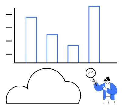 Bar graph with ascending data bars, large cloud icon, person holding magnifyi Stock Illustration