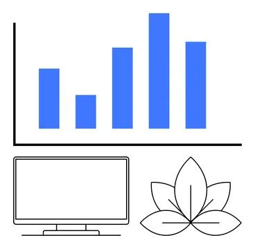 Bar graph with blue bars, computer screen outline, and leaf drawing illustr.. Stock Illustration