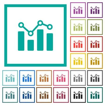 Bar graph with circles and lines flat color icons with quadrant frames Stockillustratie