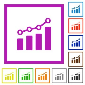 Bar graph with circles and lines flat framed icons Stock Illustration