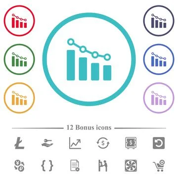 Bar graph with circles and lines flat color icons in circle shape outlines Stock Illustration