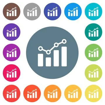 Bar graph with circles and lines flat white icons on round color backgrounds Stock Illustration