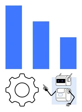 Bar graph cogwheel icon, robot pointing. Ideal for data analysis, automation, Stock Illustration