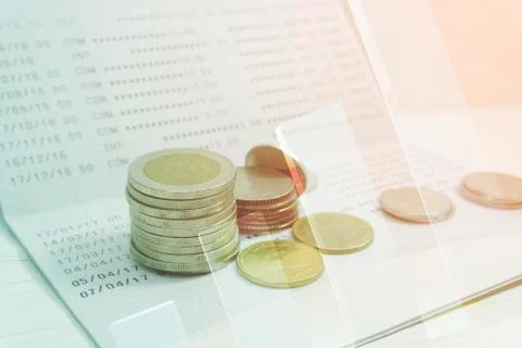 Bar graph coins statement book bank account of double exposure for finance an Stock Photos