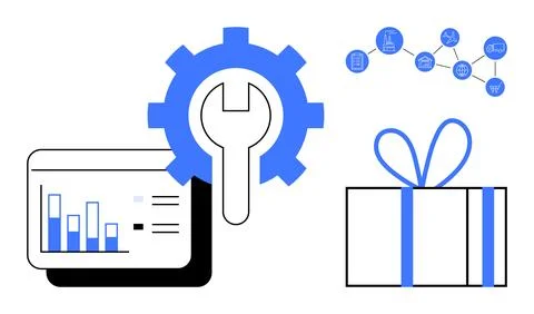 Bar graph on a computer screen, wrench inside a gear, network diagram, and wr 스톡 일러스트