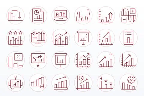 Bar Graph Design Vector Icons featuring 24 Display Perfect Thin Line Style Stock Illustration