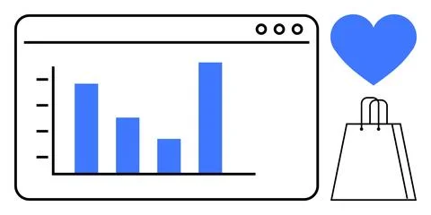 Bar graph displayed on a screen next to a shopping bag and heart. Ideal for m Stock Illustration