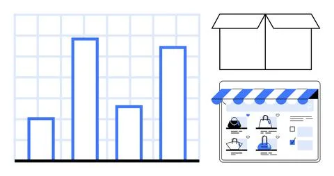 Bar graph with four data points, open box, and online store dashboard with pr Stock Illustration
