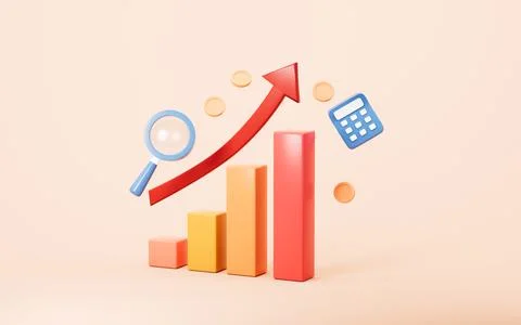 Bar graph, growth arrow, floating dollar and target, business development c.. Stock Illustration
