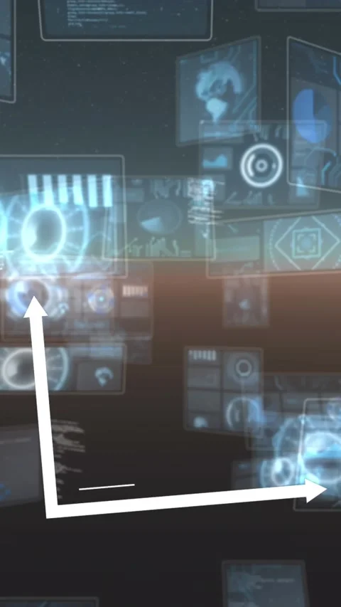 Bar graph icon against multiple round scanners and data processing on blue Stock Footage 321991302