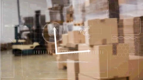 Bar graph icon and digital interface with data processing against stack of boxes Stock Footage 157639797