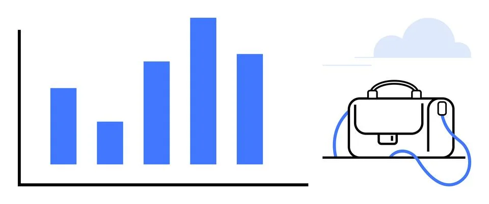 Bar graph with increasing blue bars beside a business briefcase and cloud. Id Stockillustratie