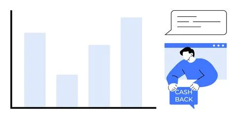 A bar graph on the left in blue hues indicating data growth. On the right, a  Stock Illustration