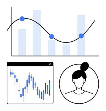 Bar graph with line chart, candlestick chart on computer window, and female a Illustrazione stock
