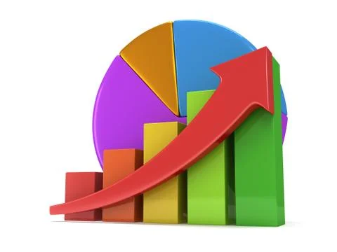 Bar graph with red arrow and pie chart Stock Illustration