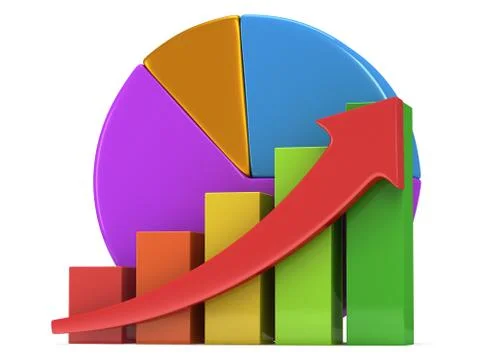 Bar graph with red arrow and pie chart Stock Illustration