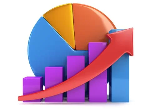 Bar graph with red arrow and pie chart Stock Illustration