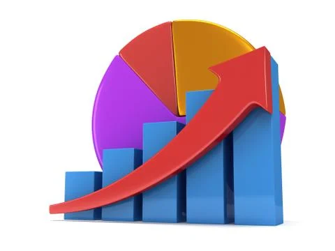 Bar graph with red arrow and pie chart Stock Illustration