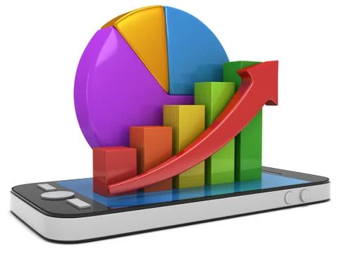 Bar graph with red arrow and pie chart on smartphone Stock Illustration