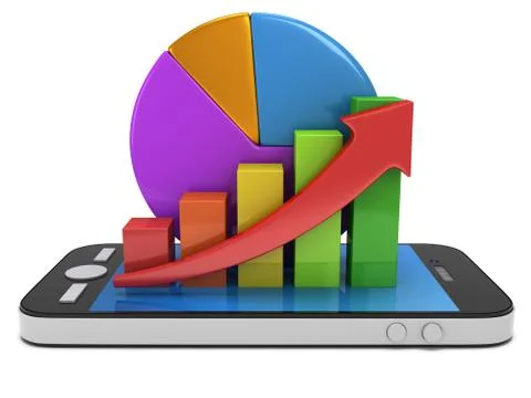 Bar graph with red arrow and pie chart on smartphone Stock Illustration