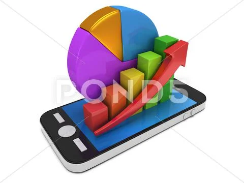 Bar graph with red arrow and pie chart on smartphone Illustration #51382628