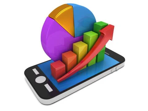 Bar graph with red arrow and pie chart on smartphone Stock Illustration