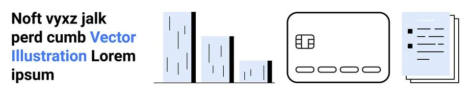 Bar graph representing data analysis next to a credit card and documents for  Illustrazione stock