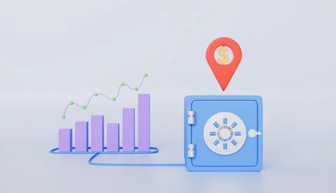 Bar graph with safe box finance and growth trend 3d illustration Stock Illustration
