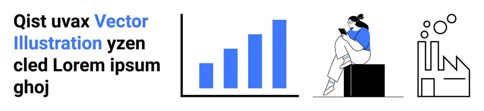 Bar graph showing data trends, woman sitting on box reading mobile phone, fut Stock Illustration