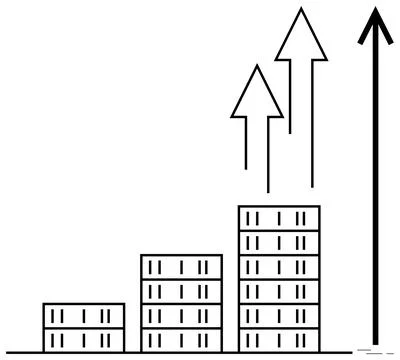Bar graph showing increasing heights with three upward arrows indicating grow Stock Illustration