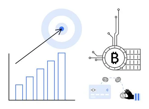 Bar graph shows rising trend towards bullseye. Beside cryptocurrency bitcoin  Stock Illustration