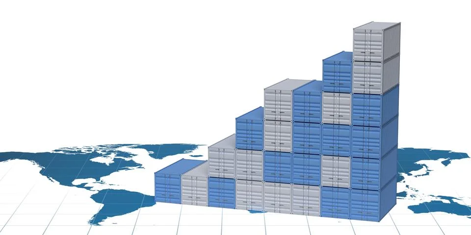 Bar graph of stacked cargo, freight or shipping container on world map back.. Stockillustratie
