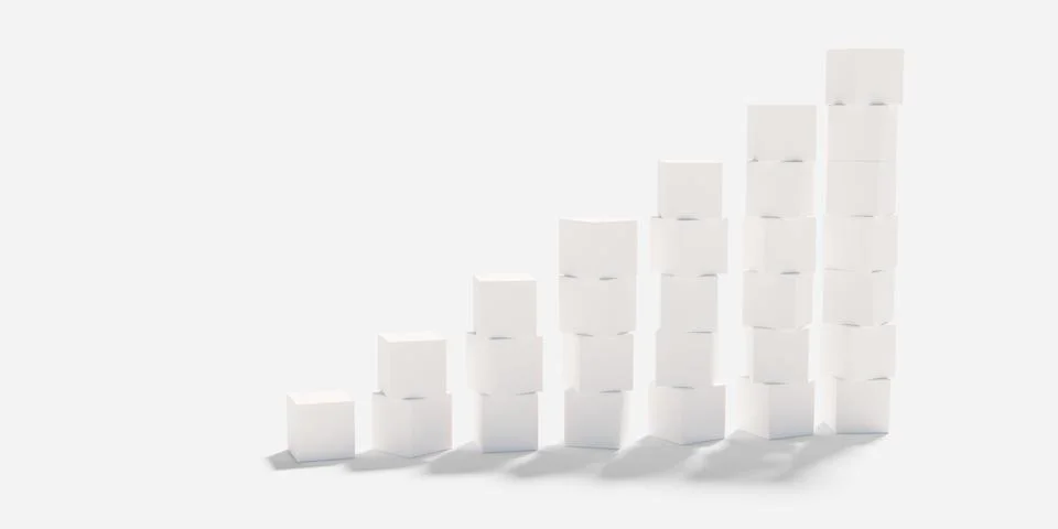 Bar graph from stacked white cubes on white background, finance business st.. Stock Illustration
